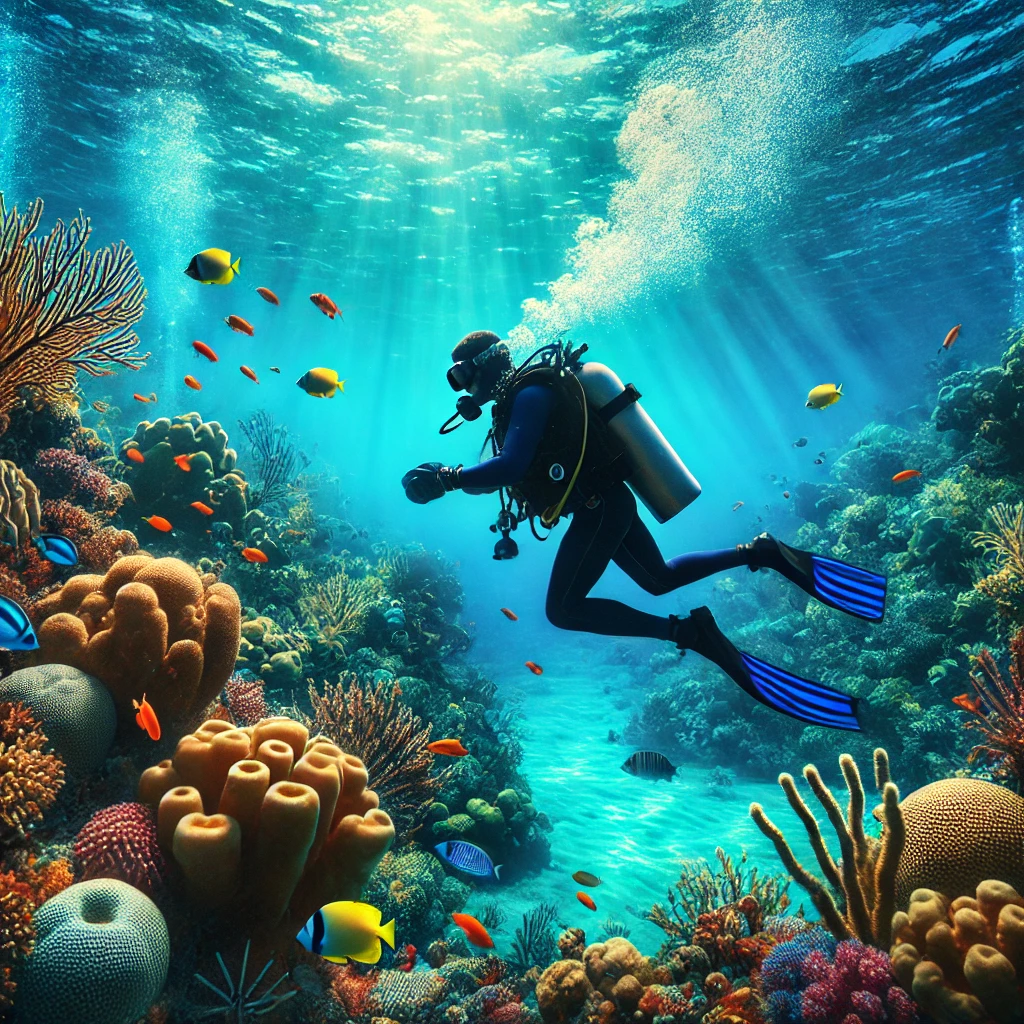 A stunning underwater scene featuring a scuba diver exploring vibrant coral reefs in the Caribbean